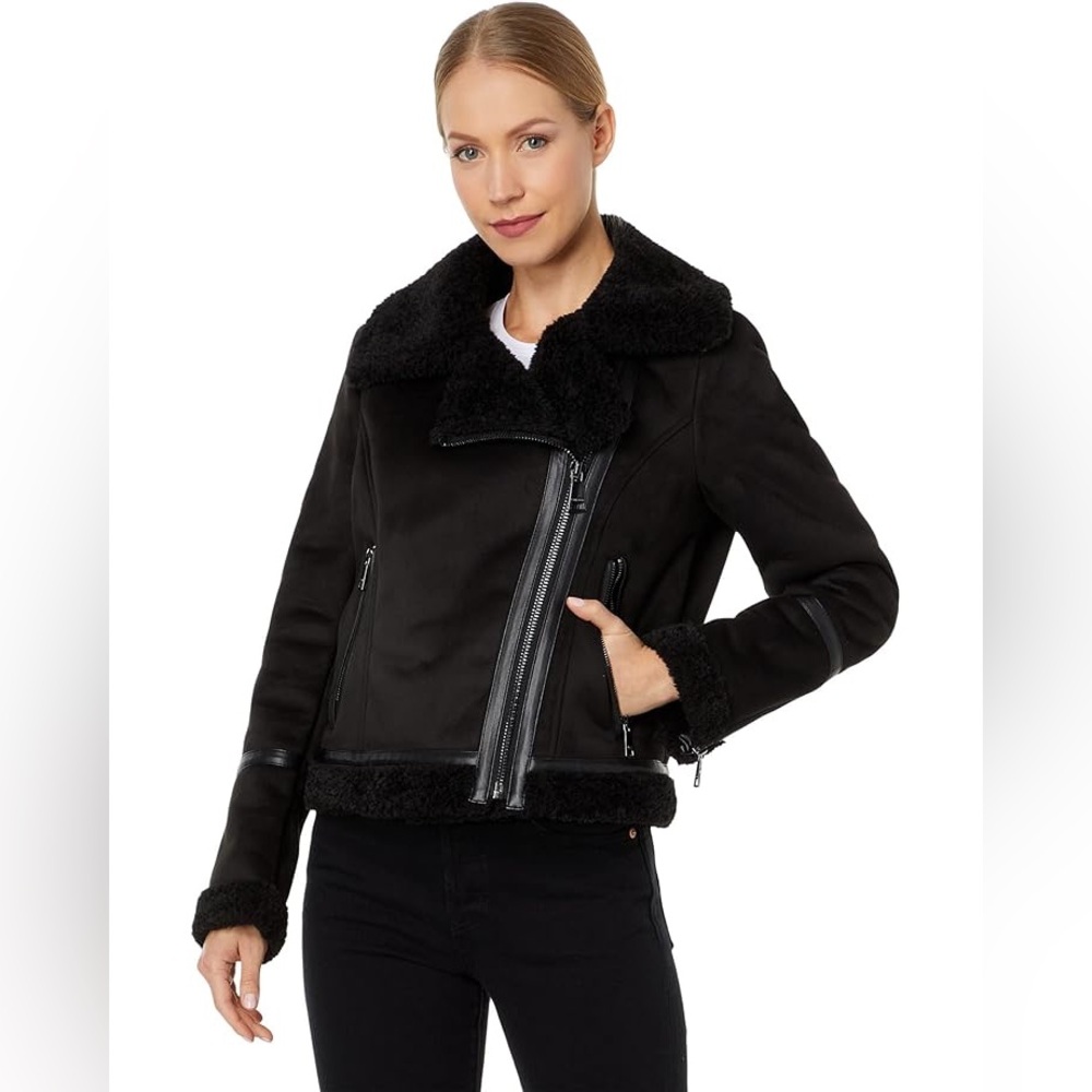 Calvin Klein Black Biker Moto Shearling Sherpa Suede Aviator Jacket Size Large